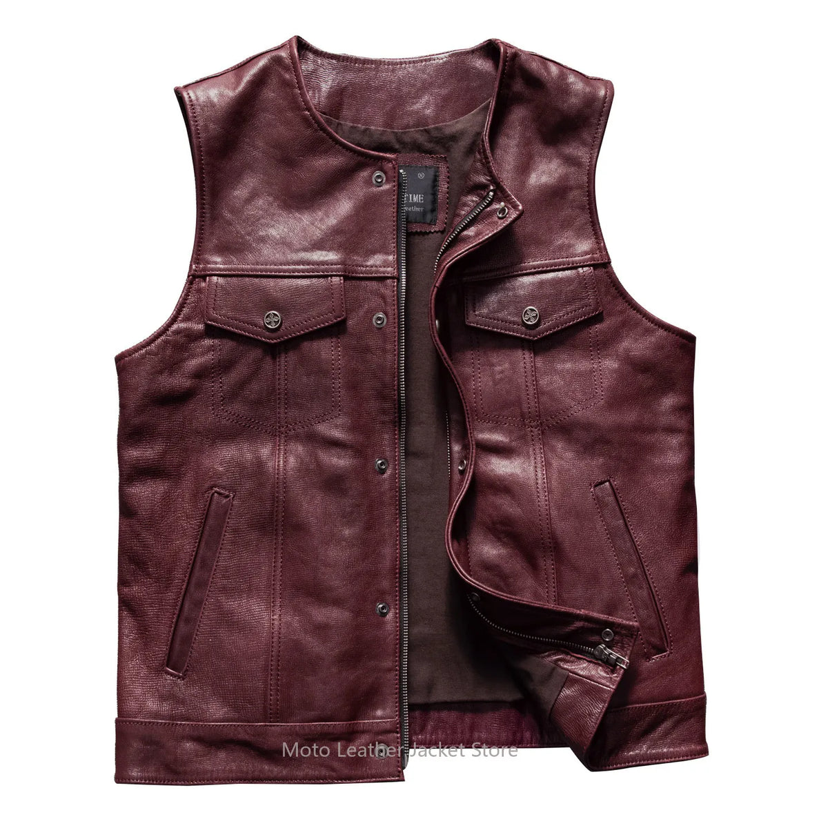 Gilet motard en cuir rouge bordeaux - vue produit - vue 4