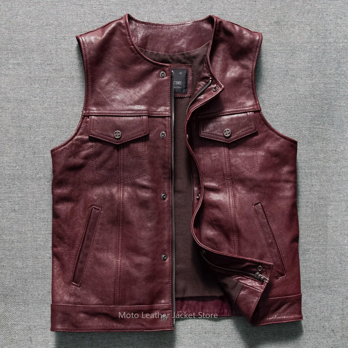 Gilet motard en cuir rouge bordeaux - vue produit - vue 1