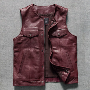 Gilet motard en cuir rouge bordeaux - vue produit - vue 1