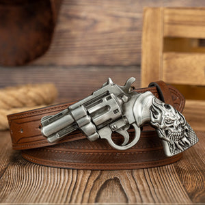 Ceinture homme en similicuir avec grande boucle tête de mort et revolver - vue 3