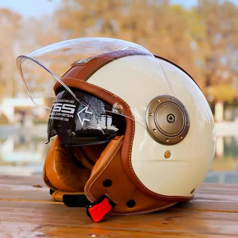 Casque moto jet cuir marron rétro - vue 2