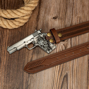 Ceinture homme en similicuir avec grande boucle tête de mort et revolver - vue 2