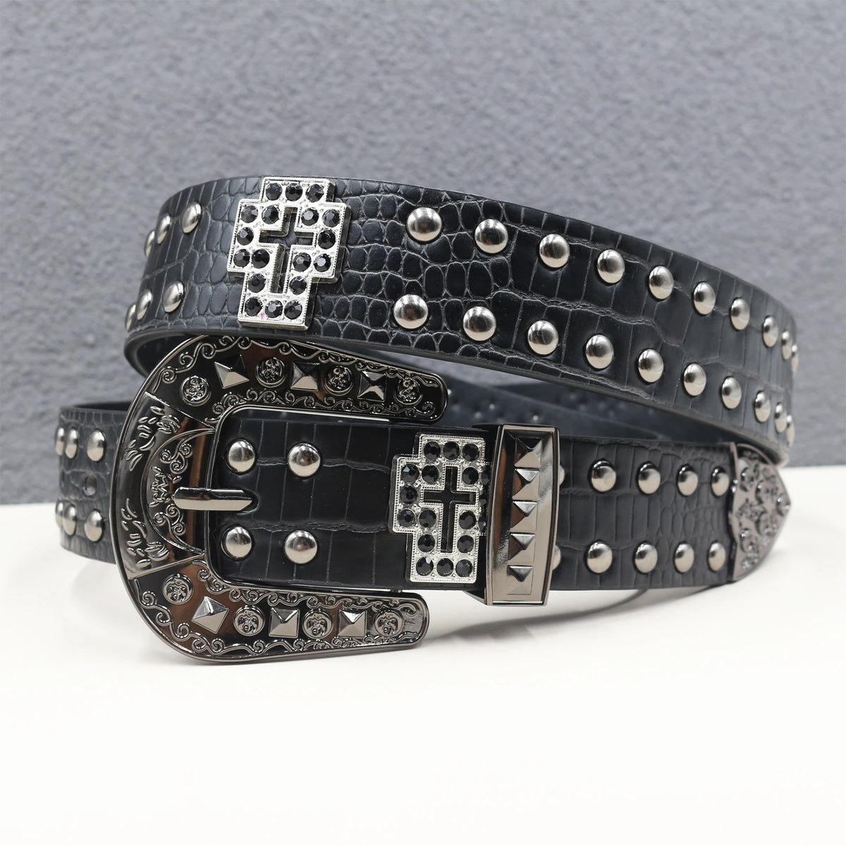 Ceinture en similicuir noir avec rivets métalliques et boucle punk - vue 7
