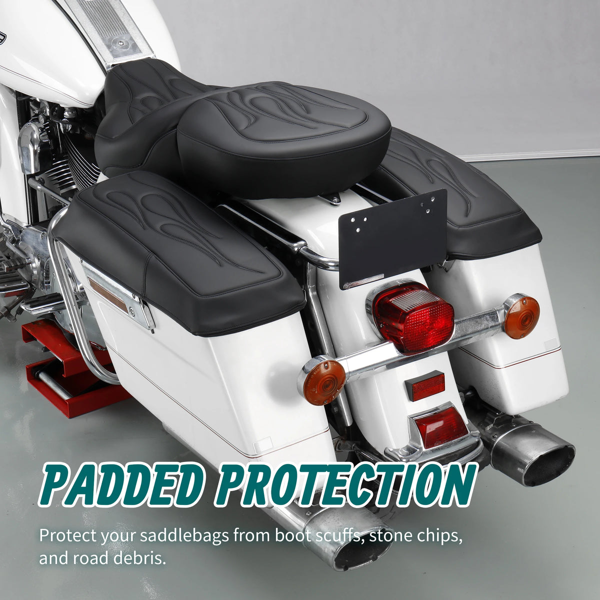 Caches de protection pour sacoches cavalières Harley Touring 1993-2013, motifs rayures/damier/flammes surpiquées - vue 5