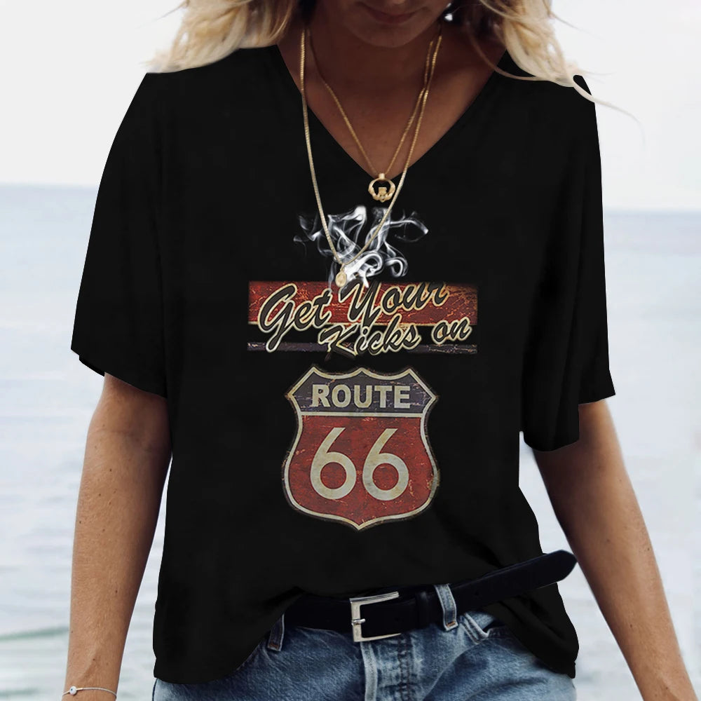 T-shirt Femme Col V Motif Route 66, Manches Courtes Oversize - vue 5