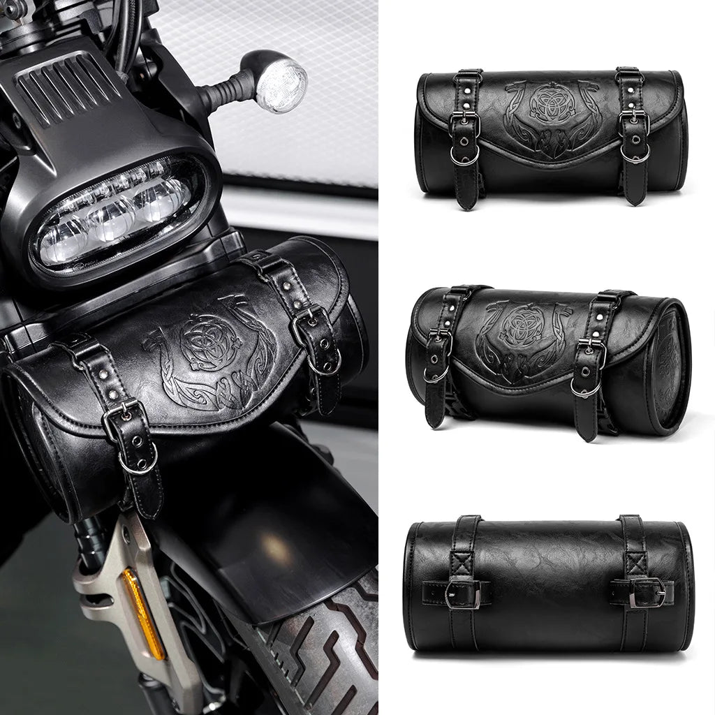 Sacoche de fourche noire en simili cuir fixée sur le guidon d'une moto - vue 7