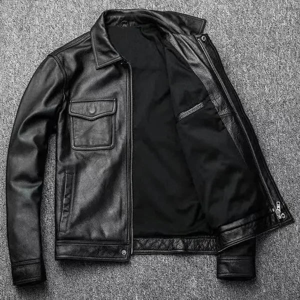 Veste moto homme en cuir véritable noir, vue de face - vue 7