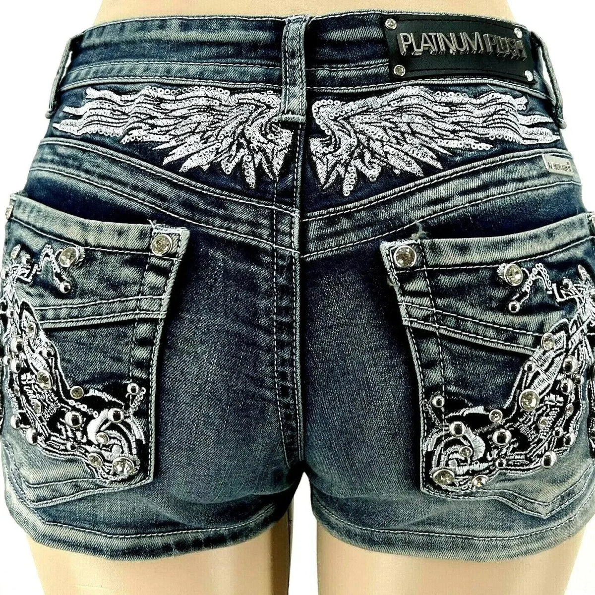 Mini short en jean délavé brodé motif aile - vue 6