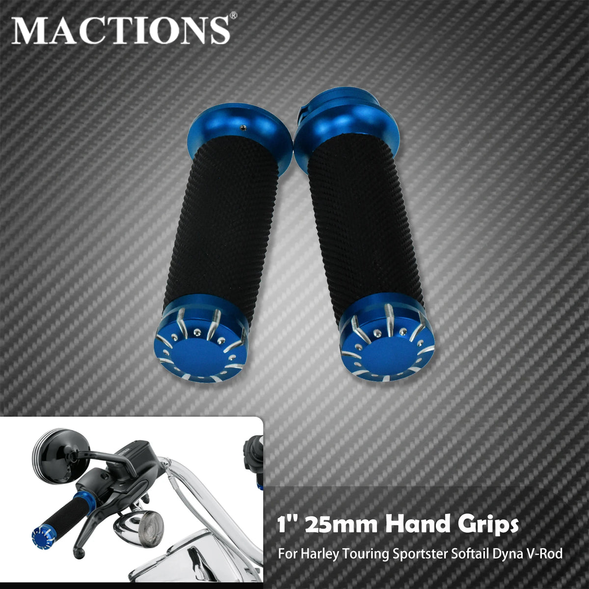 Poignées de guidon 1'' (25mm) bleues en aluminium - Harley Sportster XL, Touring Road King, Dyna, Softail Fat Boy, V-Rod – photo 1/6