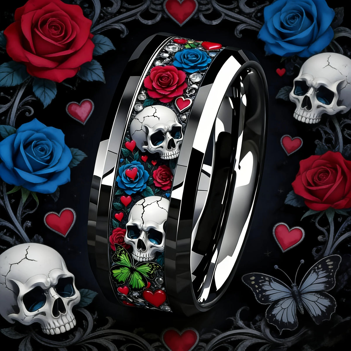 Bague en acier inoxydable tête de mort et rose - vue 1
