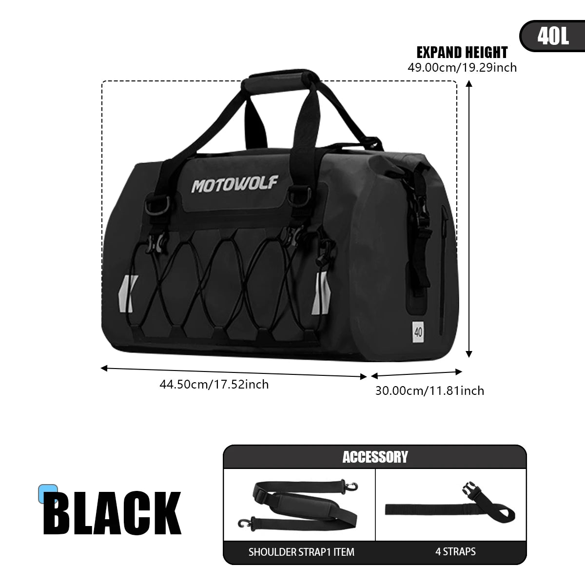 Sac de queue étanche moto noir au format roulé, fixé à l'arrière de la selle - vue 10