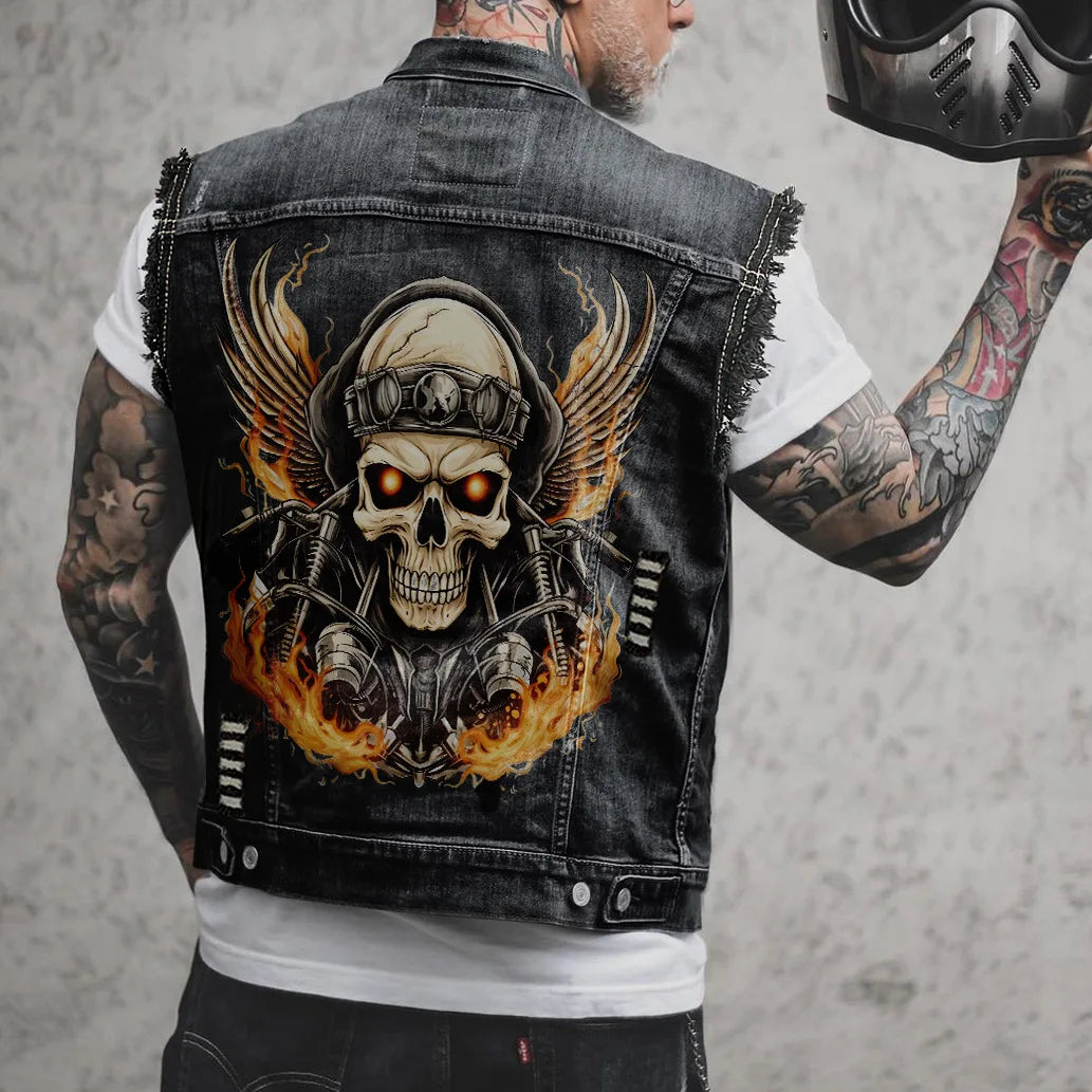 Gilet en jean homme imprimé aigle sans manches, vue de face - vue 18