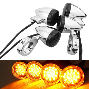 Clignotant LED ambre fixé par collier sur un tube de fourche de moto - vue 7