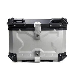 Top case moto en aluminium noir avec serrure, fixé sur un porte-bagages arrière - vue 3