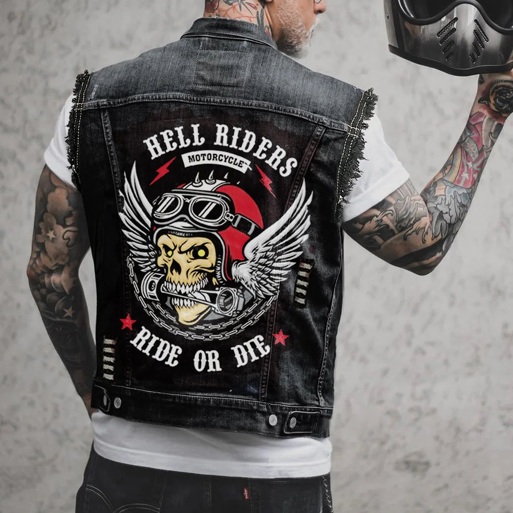 Gilet en jean homme imprimé aigle sans manches, vue de face - vue 17