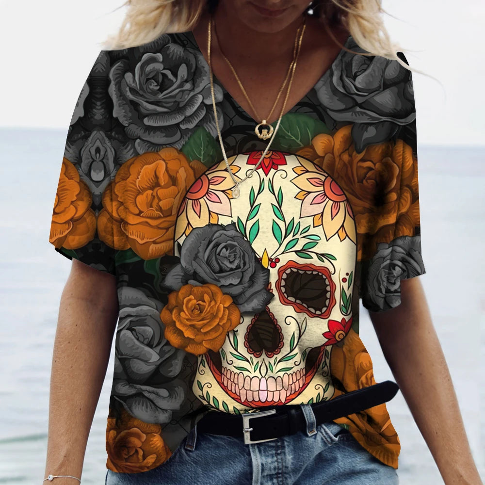 T-shirt femme tête de mort col V manches courtes - vue 2