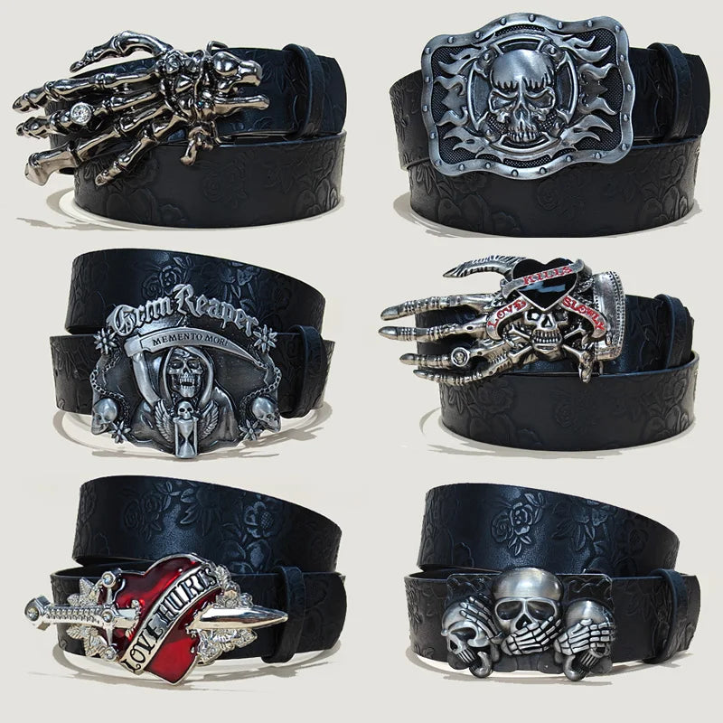 Ceinture grande taille simili cuir gaufré tête de mort - vue 1