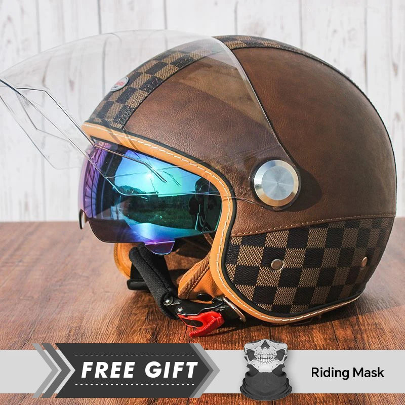 Casque moto jet 3/4 open face en cuir avec double visière - vue 1