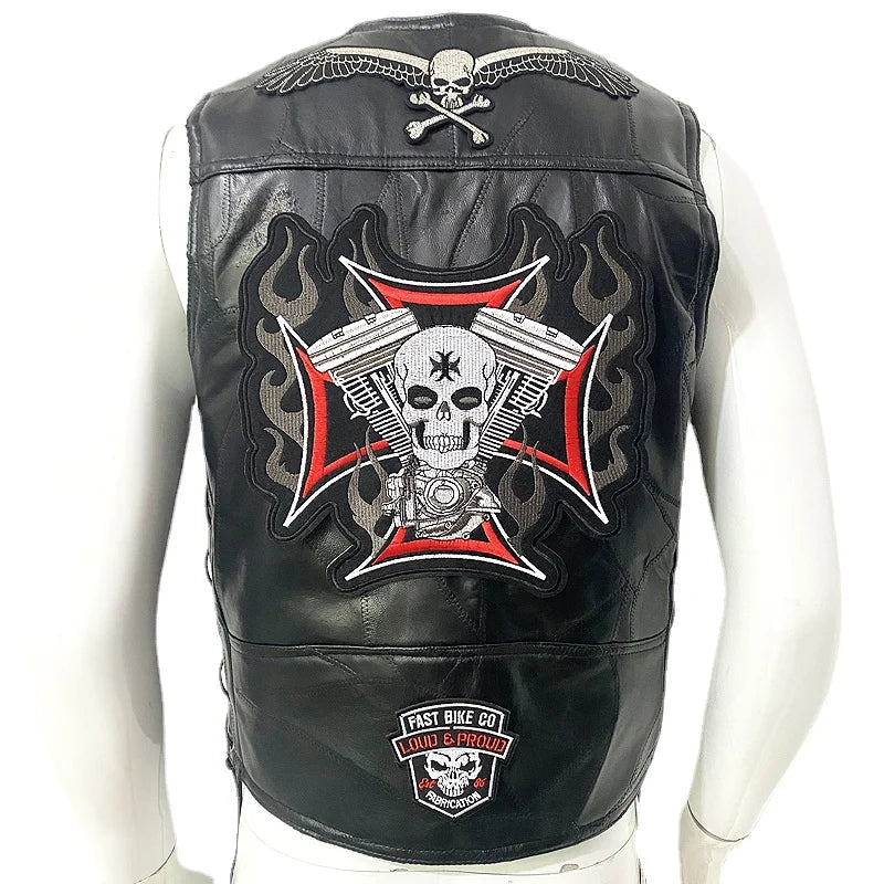 Gilet en cuir noir motif tête de mort - vue de face - vue 5