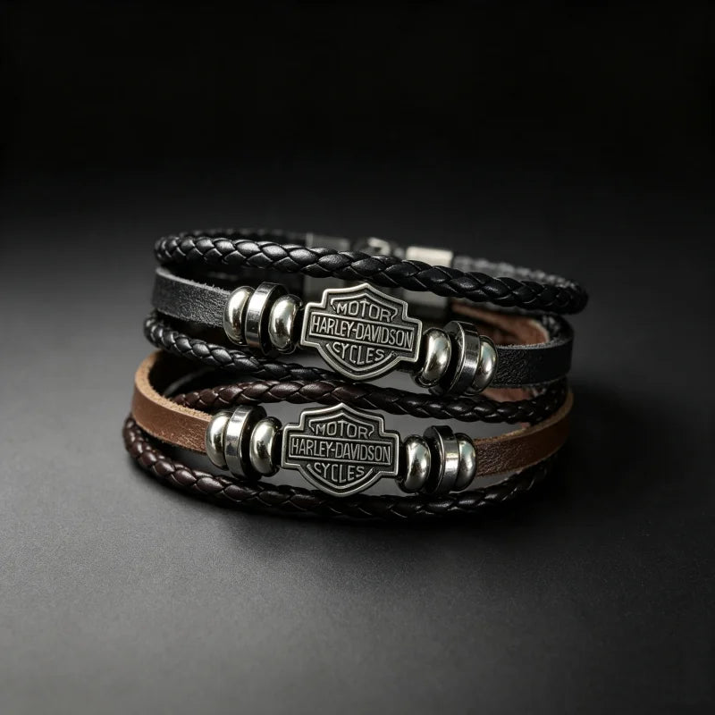 Bracelet en cuir tressé marron style biker vintage - vue 3