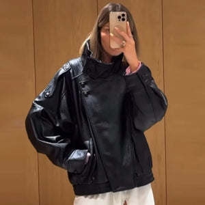 Blouson bomber noir en simili cuir pour femme - vue de face - vue 5