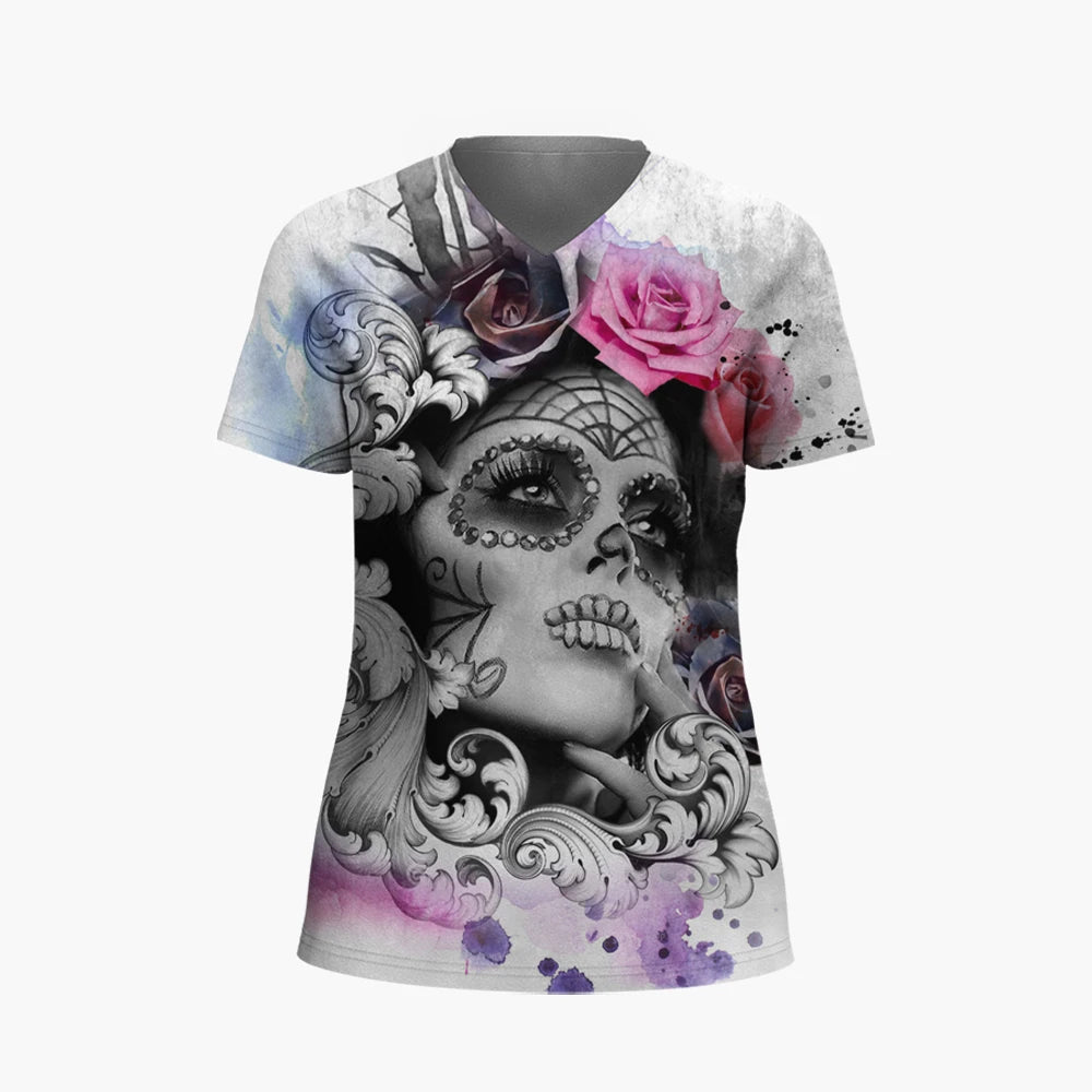 T-shirt femme tête de mort col V manches courtes - vue 5