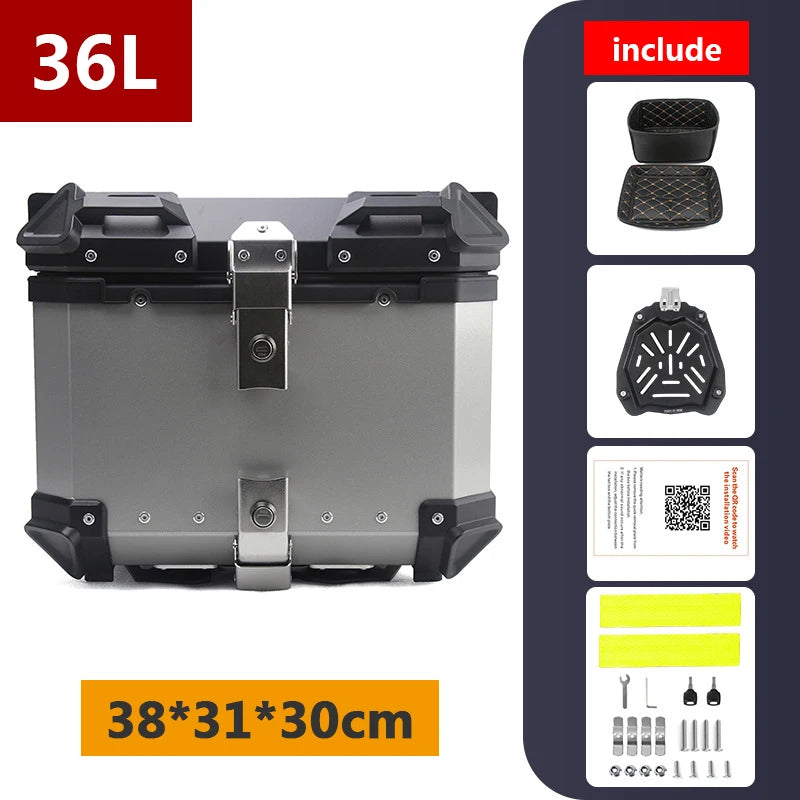Top case moto en aluminium noir avec serrure, fixé sur un porte-bagages arrière - vue 28