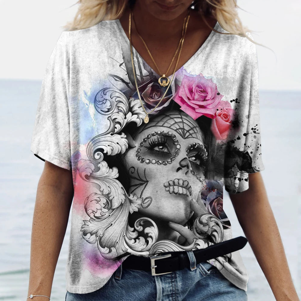 T-shirt femme tête de mort col V manches courtes - vue 25