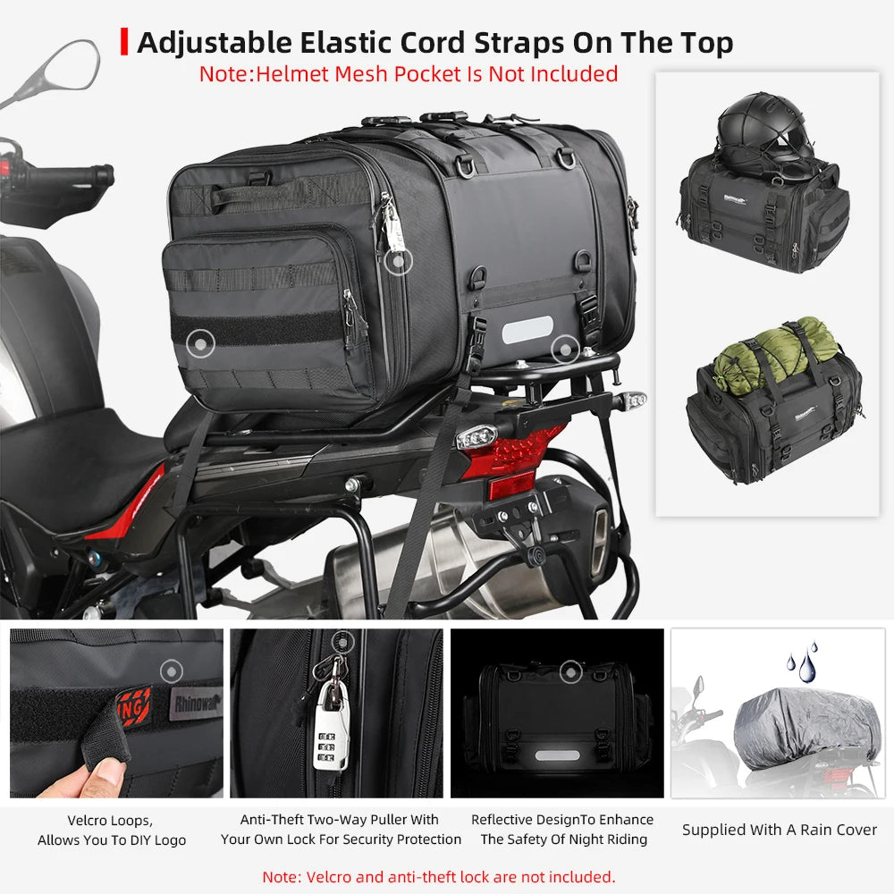 Sac de selle arrière moto Rhinowalk noir, fermetures zippées latérales - vue 5