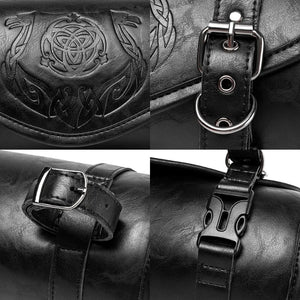 Sacoche de fourche noire en simili cuir fixée sur le guidon d'une moto - vue 6