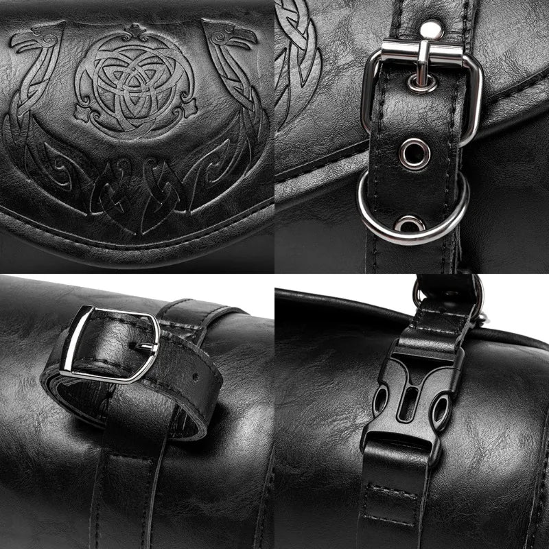 Sacoche de fourche noire en simili cuir fixée sur le guidon d'une moto - vue 6