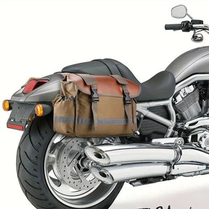 Sacoche de selle en toile kaki avec deux poches, fixée sur une moto - vue 3