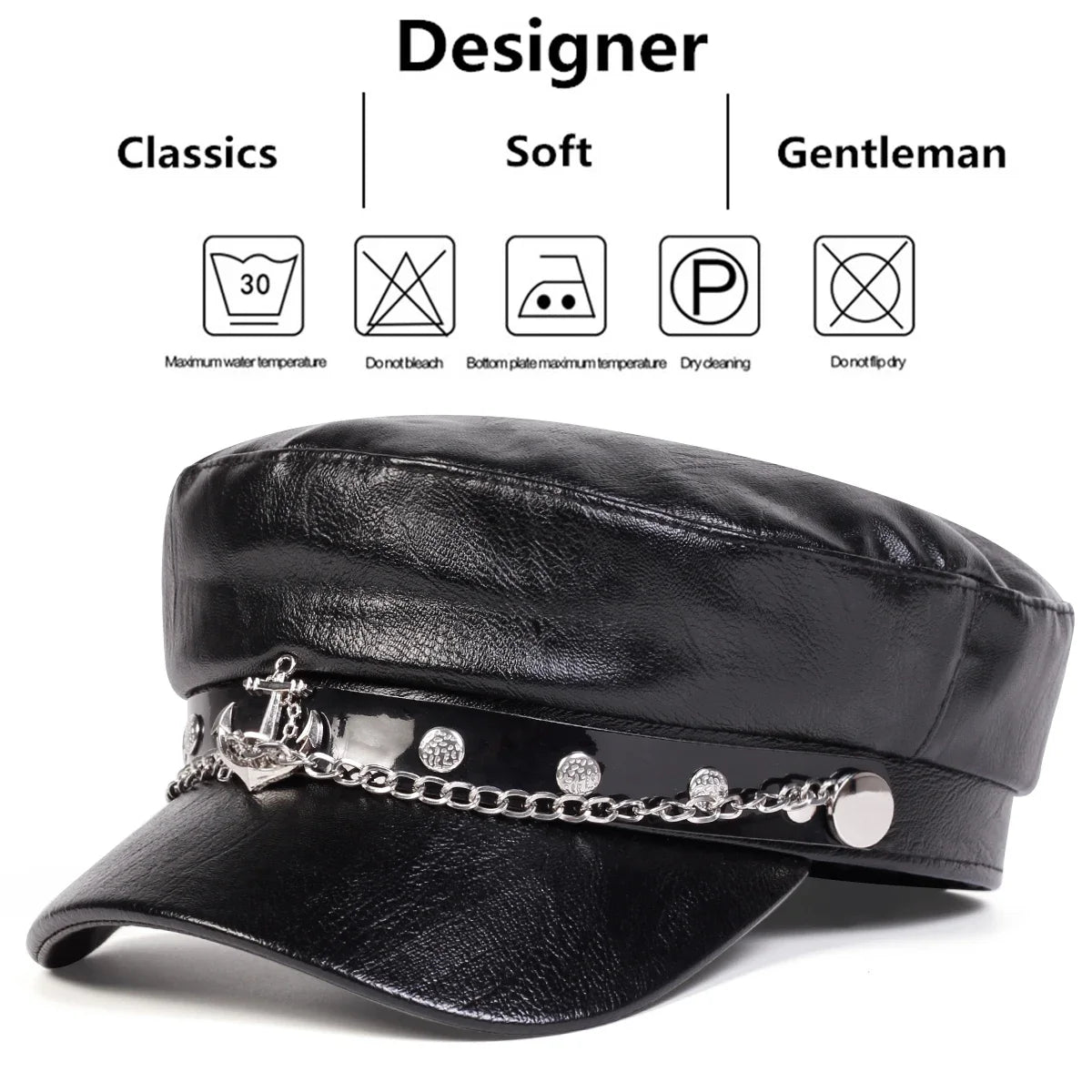 Béret noir en simili cuir boucle ancre - vue de face - vue 6