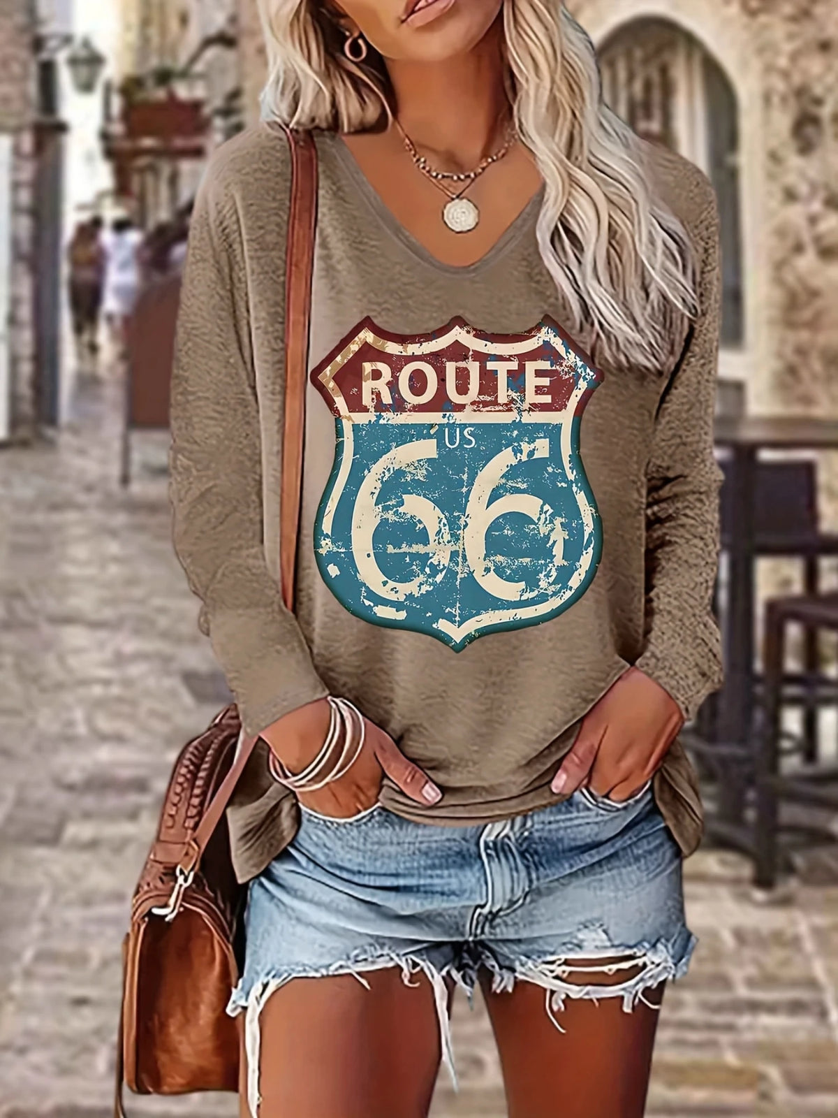 T-shirt femme col V manches longues Route 66 vintage - vue 7