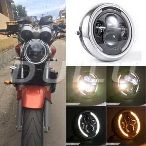 Phare LED rond avec anneau lumineux blanc pour moto café racer - vue 1