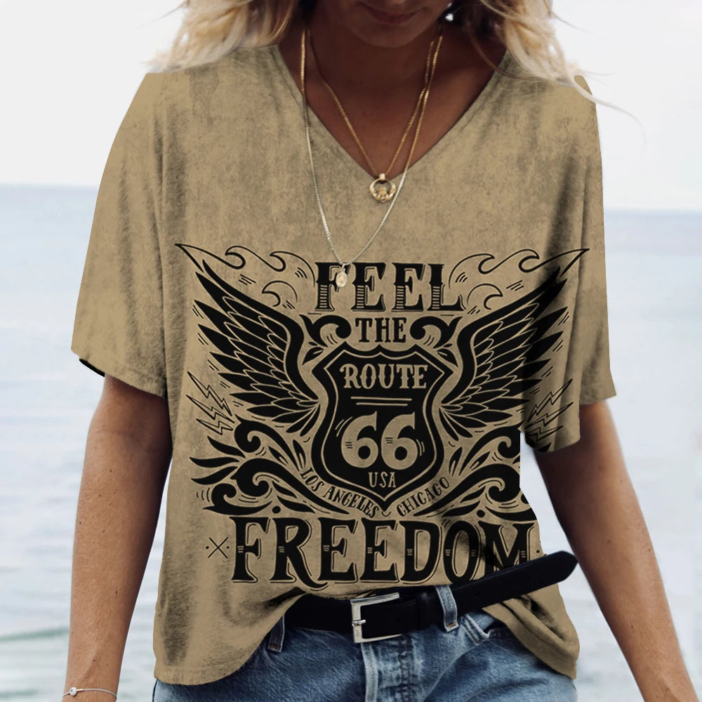 T-shirt Femme Col V Motif Route 66, Manches Courtes Oversize - vue 13