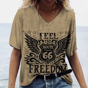 T-shirt Femme Col V Motif Route 66, Manches Courtes Oversize - vue 13