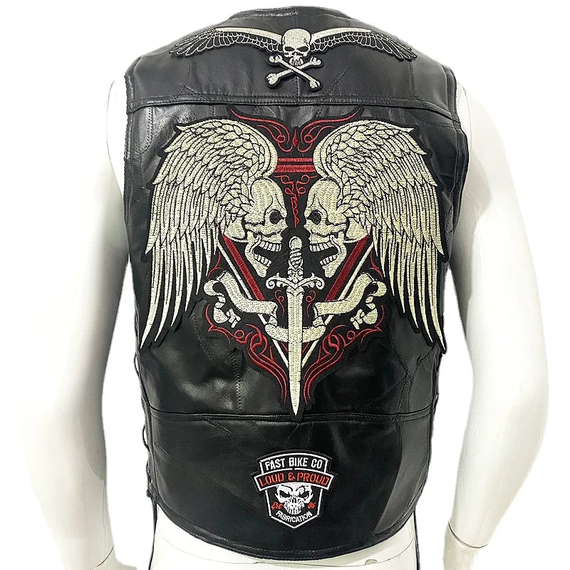 Gilet en cuir noir motif tête de mort - vue de face - vue 1