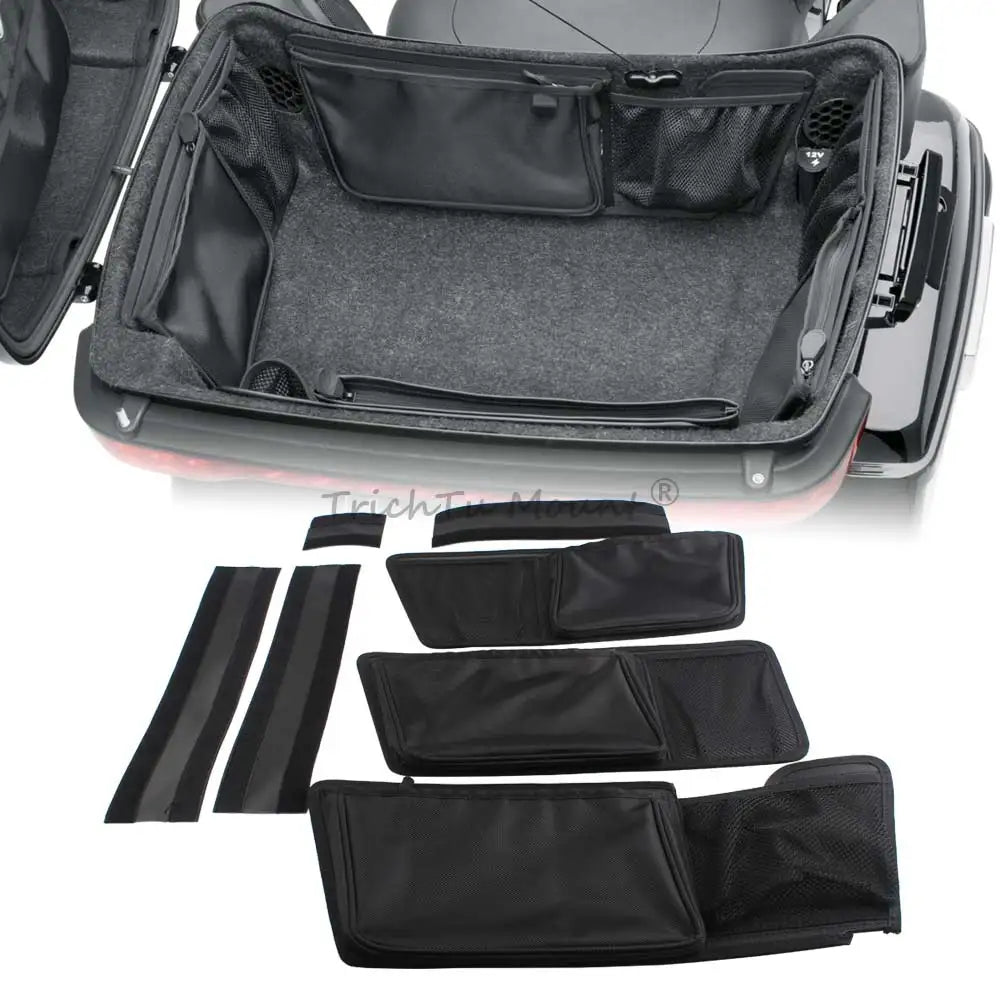 Organiseur en nylon noir installé à l'intérieur d'un top case de moto - vue 1
