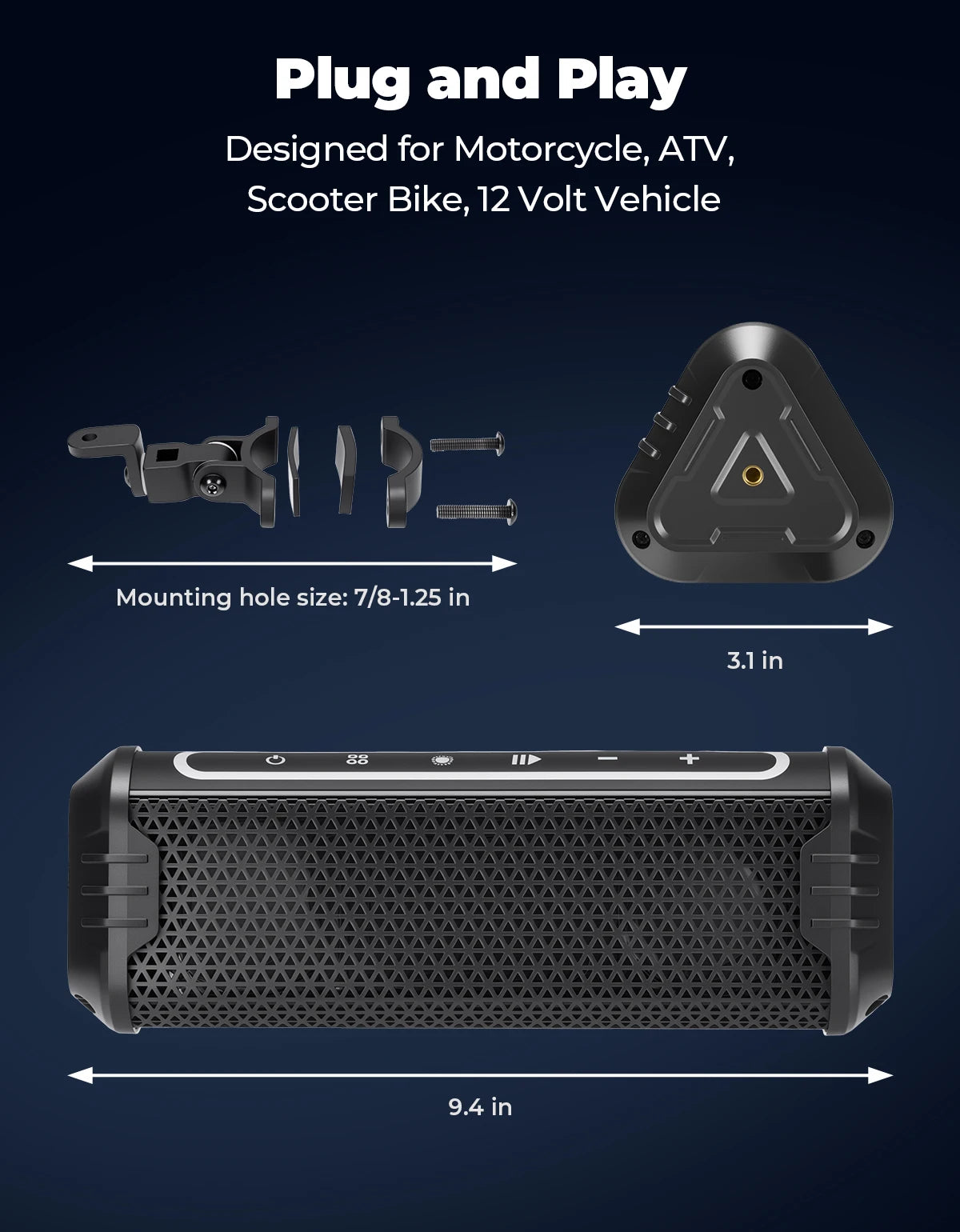 Haut-parleur moto étanche avec lecteur audio USB/AUX et éclairage LED d'ambiance - support 360° universel - vue 6