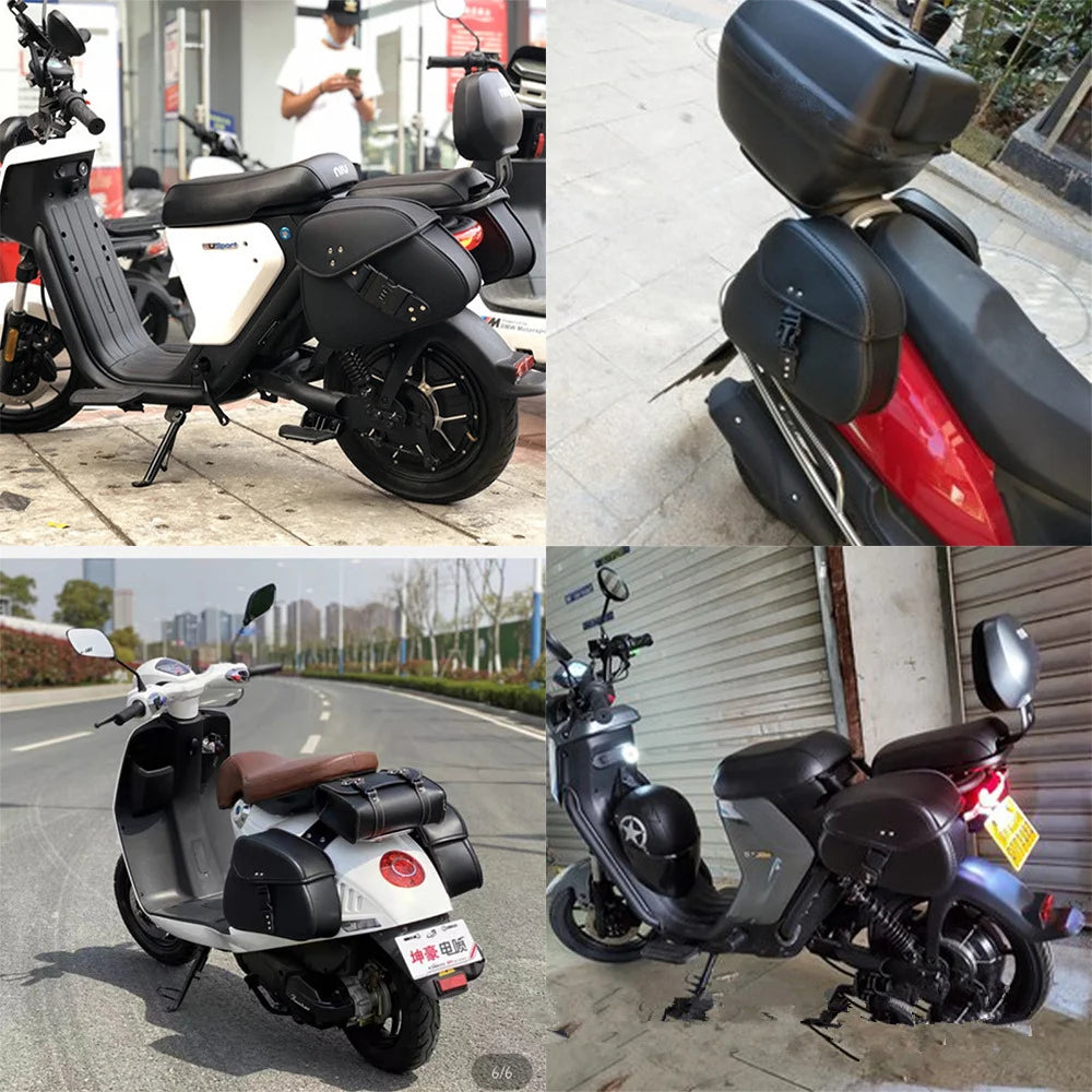 Sacoche latérale noire en simili-cuir avec serrure à code, fixée sur une moto - vue 6