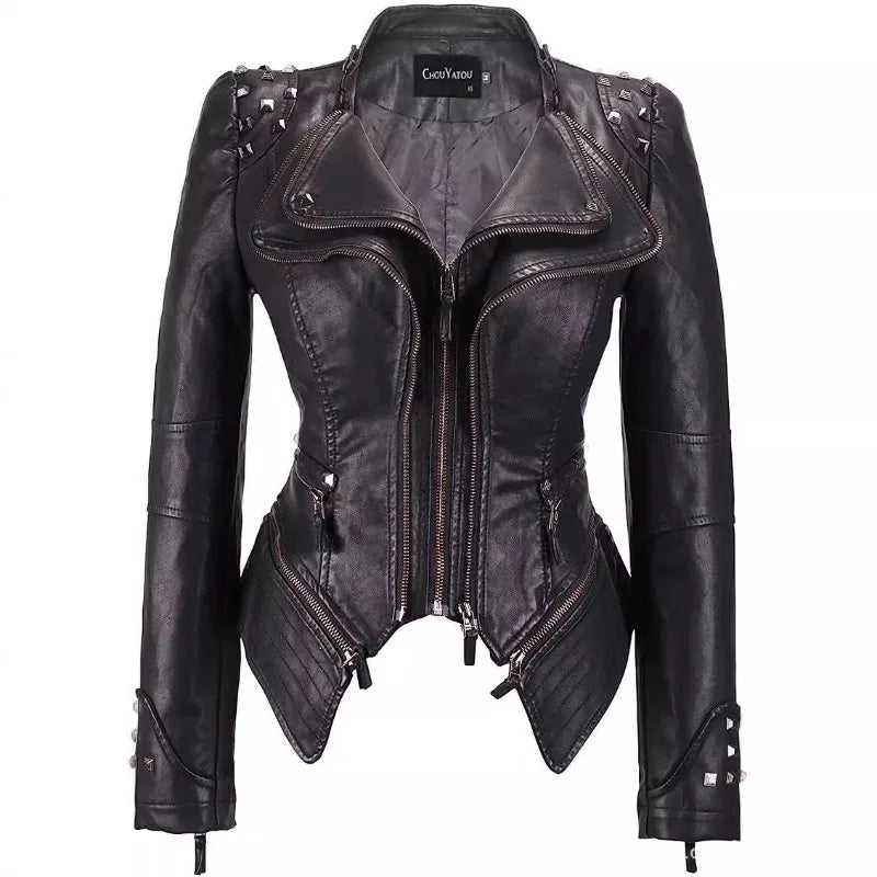 Blouson cuir femme style motarde - vue - vue 1