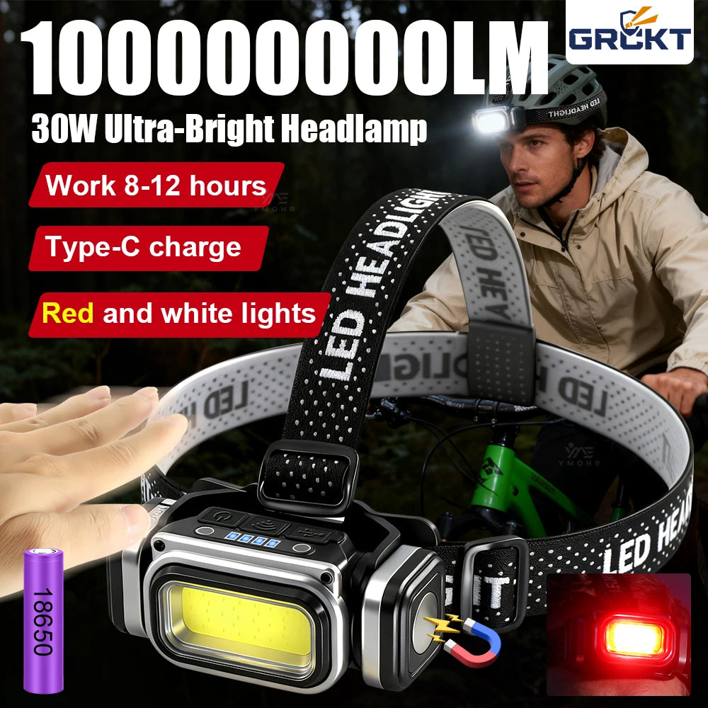 Lampe frontale LED COB 30W rechargeable, détecteur de mouvement, batterie 18650 – photo 1/10