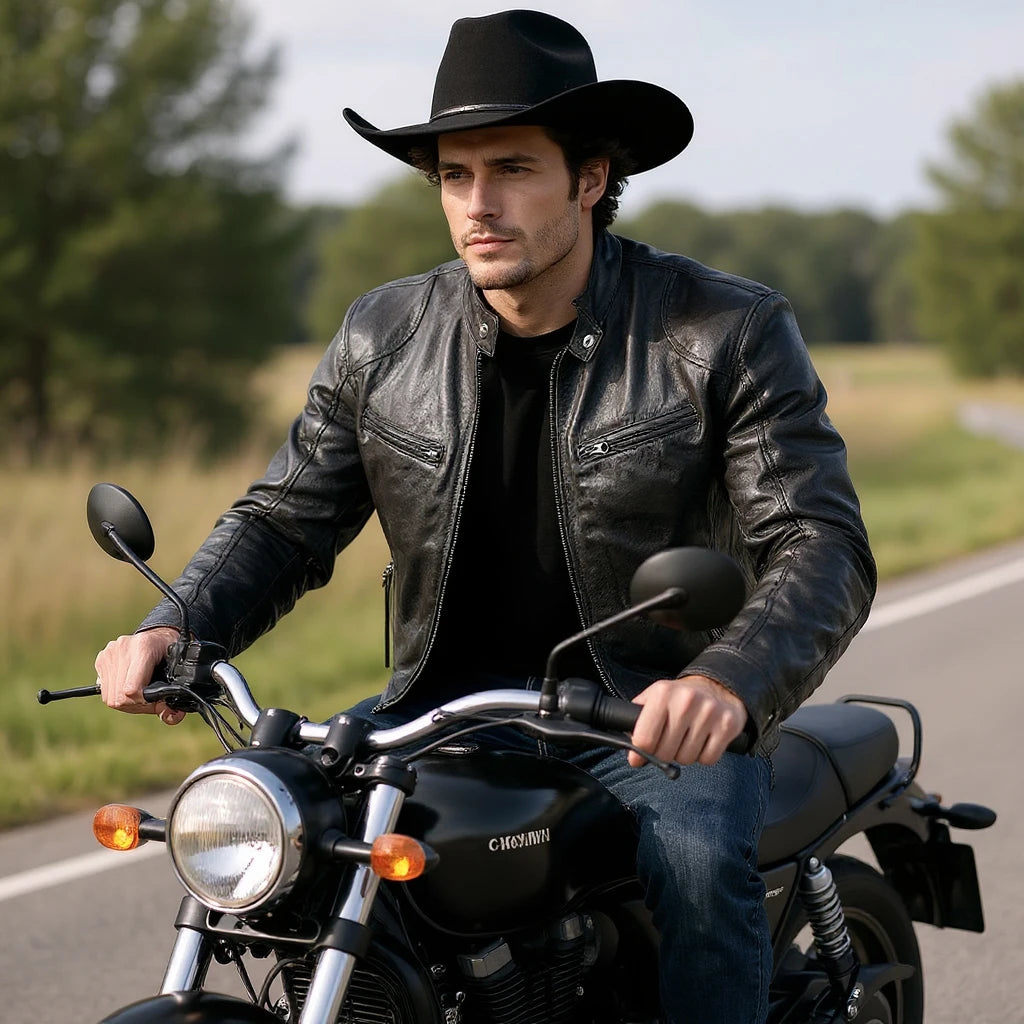 Blouson moto homme noir en simili cuir avec protections - vue 1