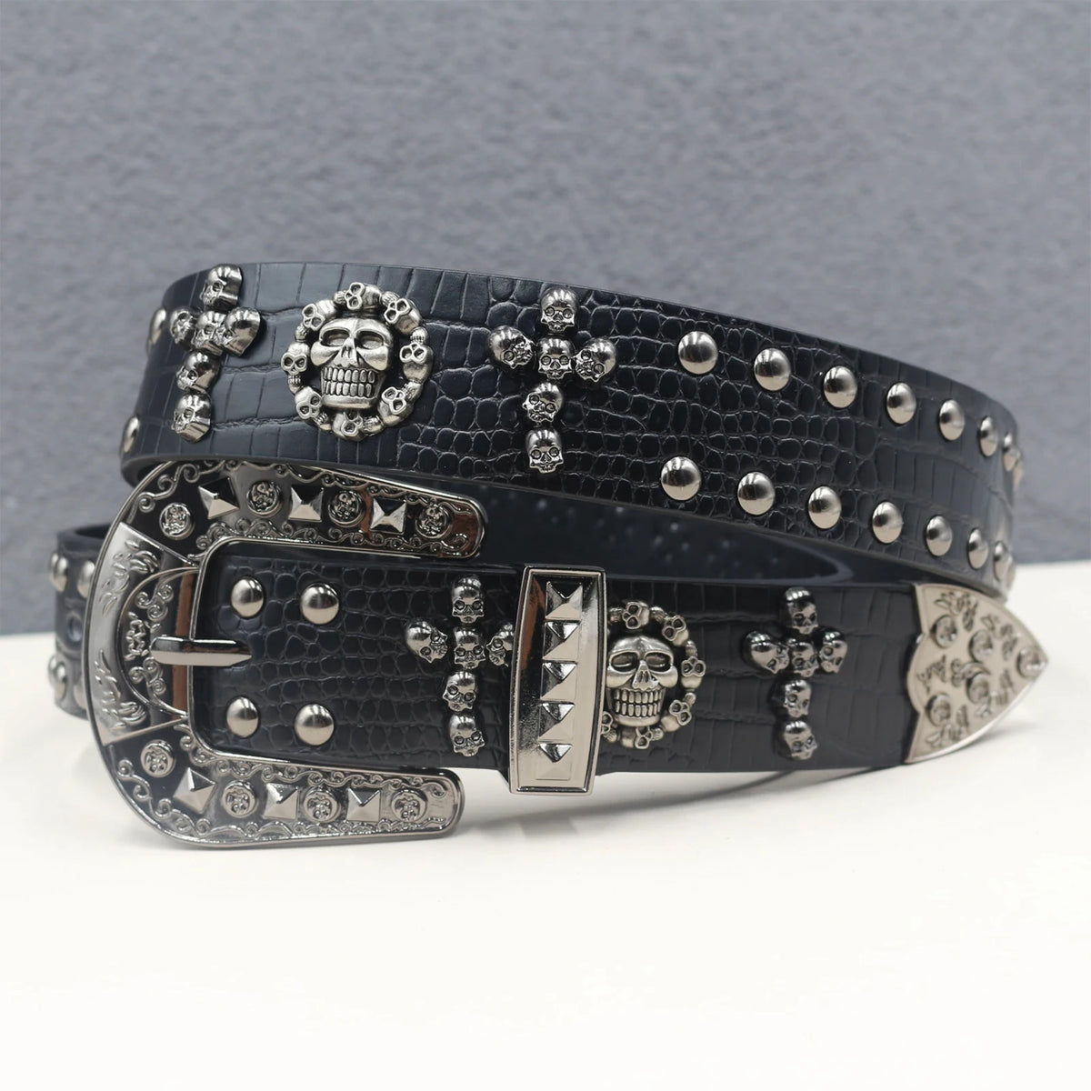Ceinture en similicuir noir avec rivets métalliques et boucle punk - vue 10