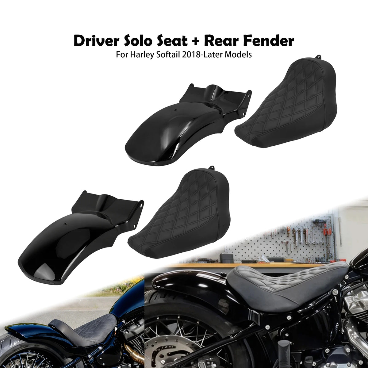 Selle solo et garde-boue arrière noir pour Harley-Davidson Softail - vue 1