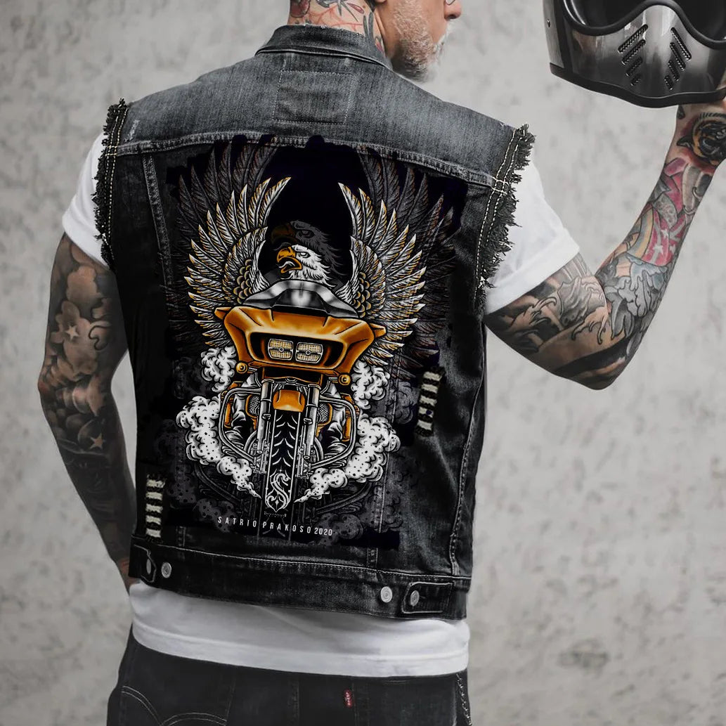 Gilet en jean homme imprimé aigle sans manches, vue de face - vue 20