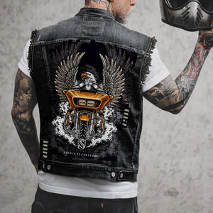 Gilet en jean homme imprimé aigle sans manches, vue de face - vue 20