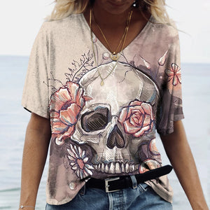 T-shirt femme tête de mort col V manches courtes - vue 10