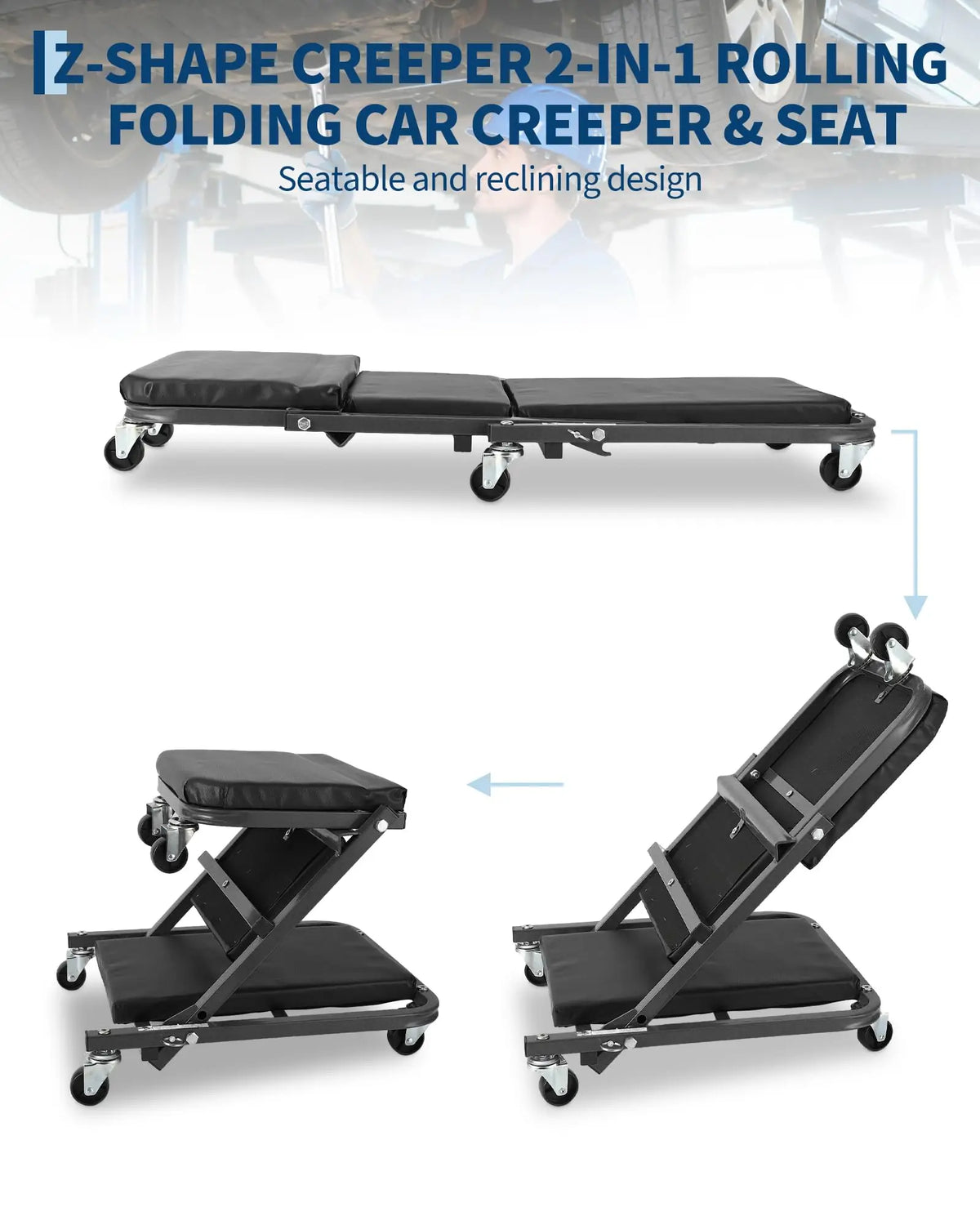 Siège creeper 2-en-1 pliable sur roulettes, capacité 150 kg – photo 2/7